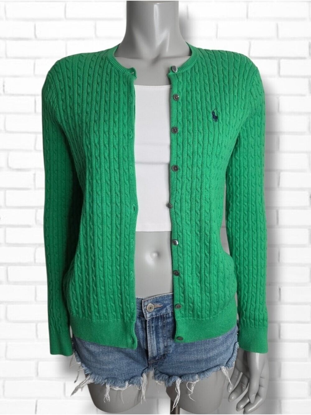 Y2K Vintage Ralph Lauren Sport Green Cable Knit Cardigan Sweater Size L